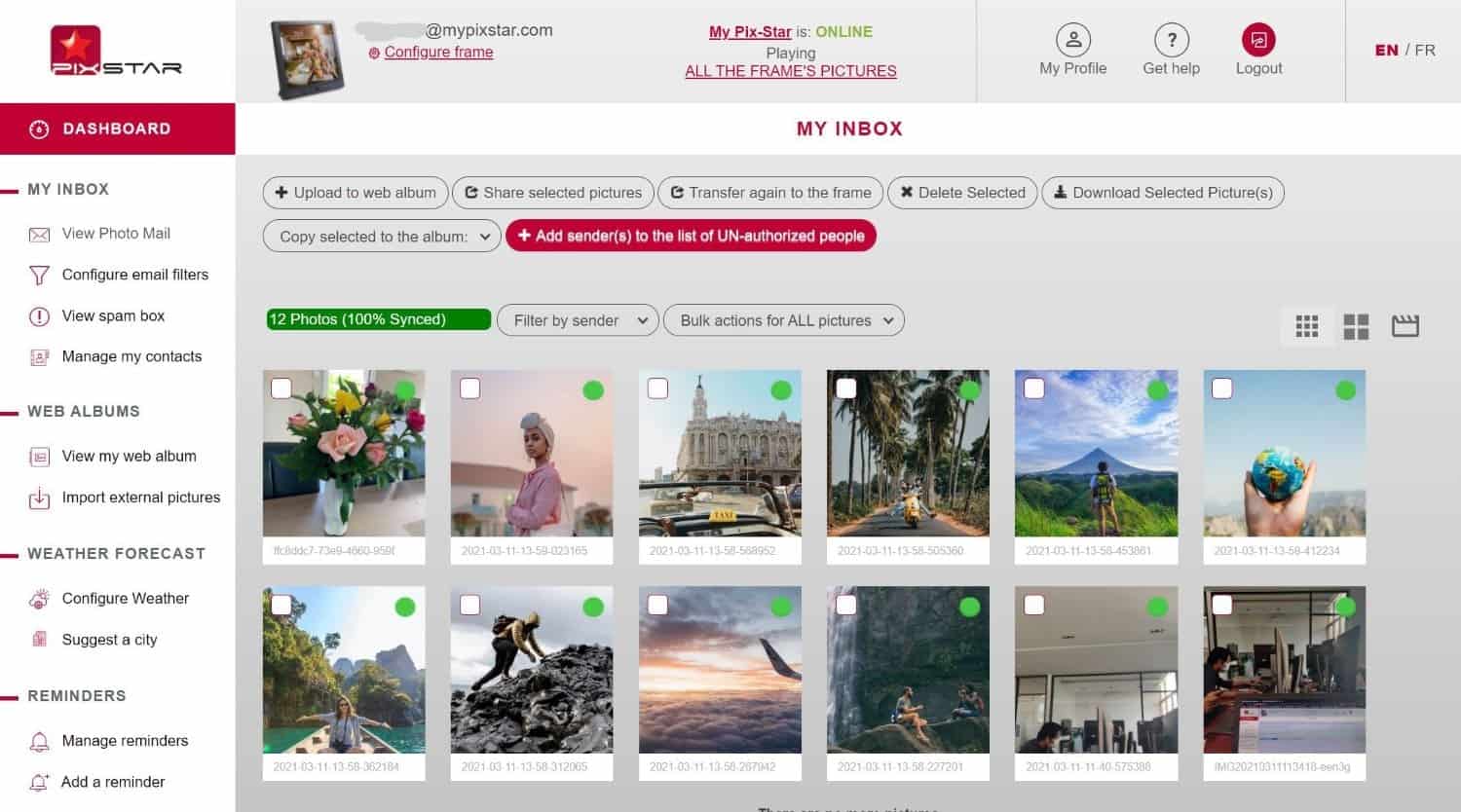 Pix-Star dashboard view photo-mail-min