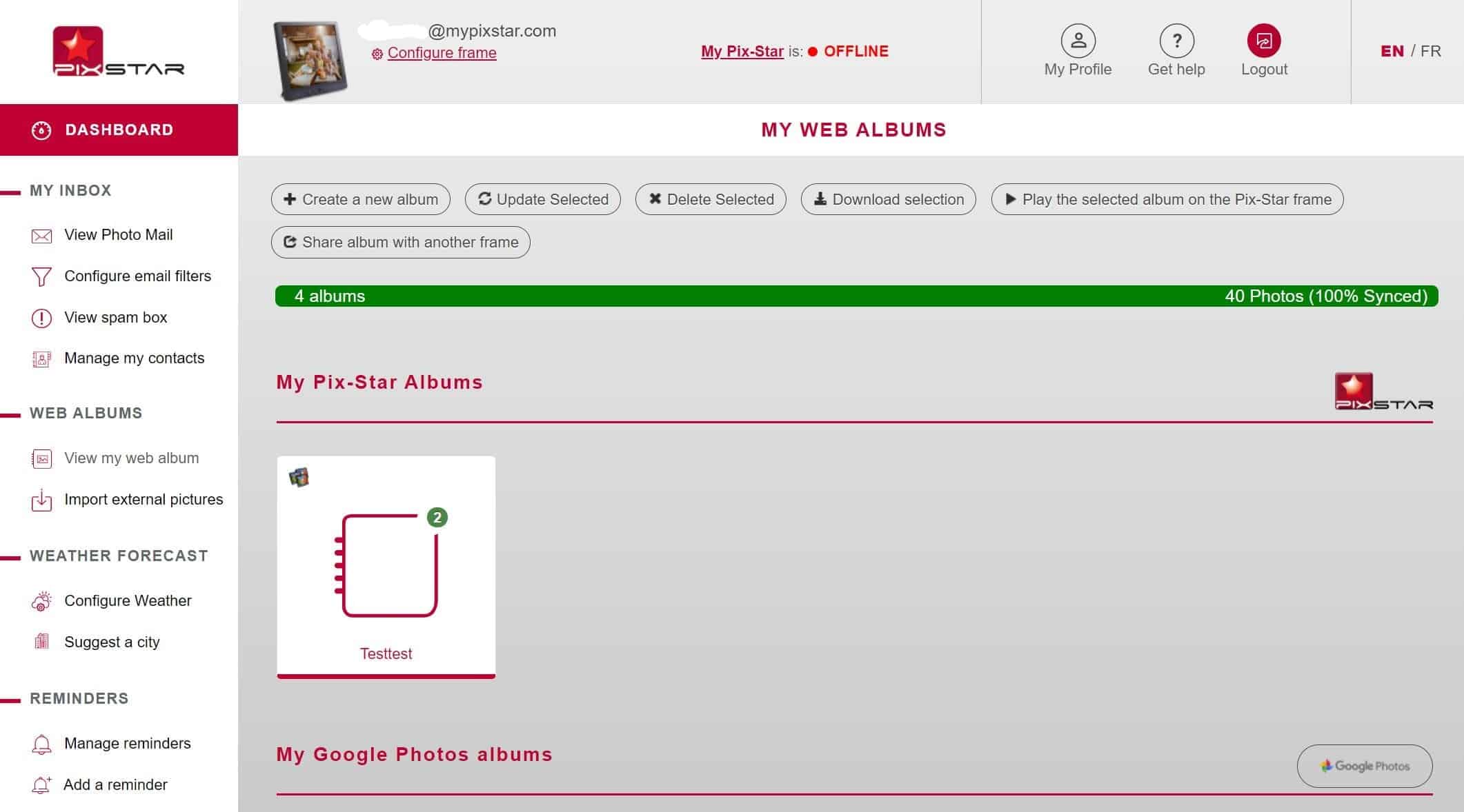 Pix-Star dashboard web album view