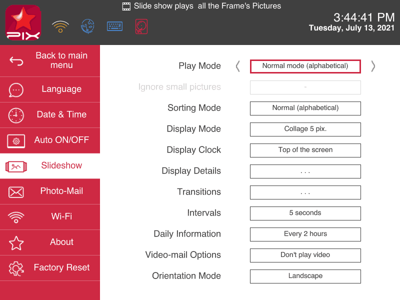 Pix-Star digital frame adjust slideshow settings