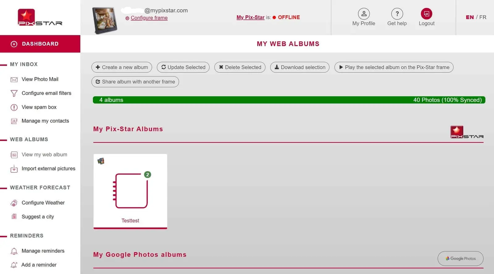 Affichage des albums web dans le tableau de bord Pix-Star