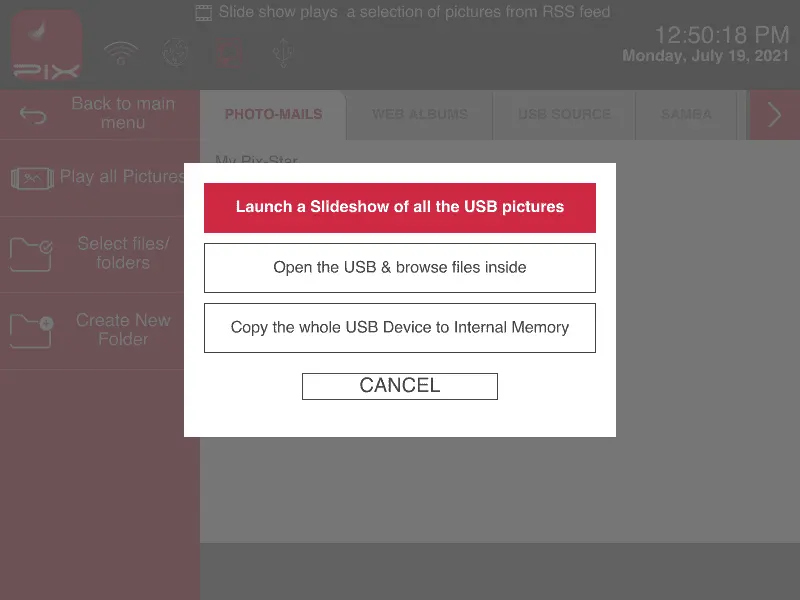 Menu contextuel USB de Pix-Star